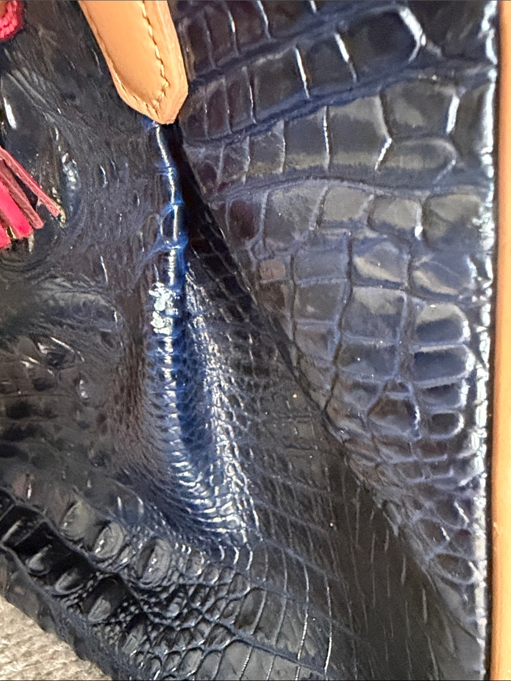 Brahmin Navy Croc-Embossed Tote with Tan Trim and Pink Accent - Picture 3 of 7